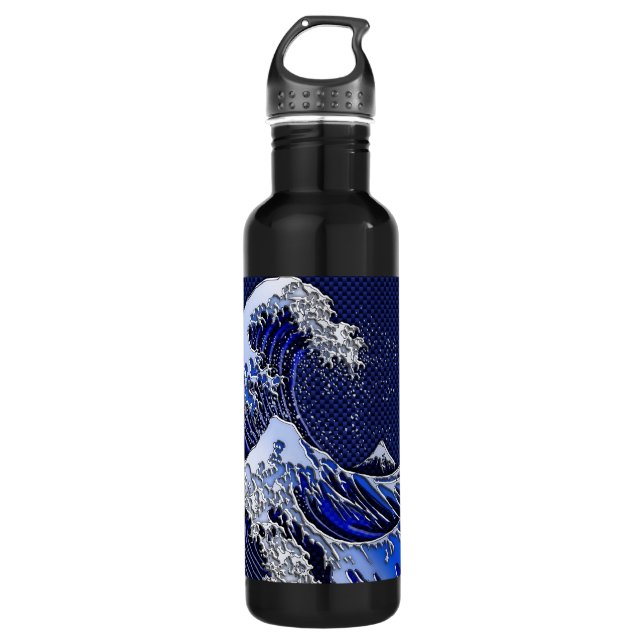 The Great Hokusai Wave Carbon Fiber Style Water Bottle (Front)