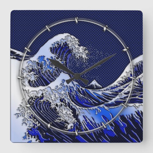 The Great Hokusai Wave chrome carbon fiber Decor Square Wall Clock