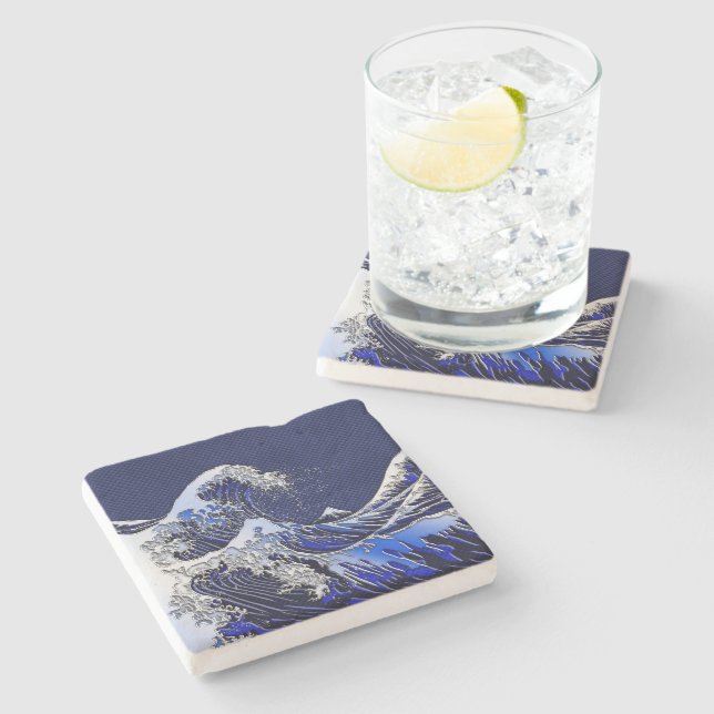 The Great Hokusai Wave chrome carbon fiber Decor Stone Coaster (Side)