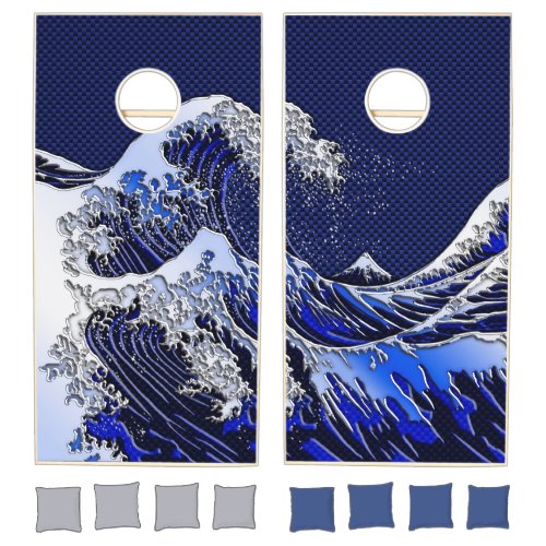 The Great Hokusai Wave chrome carbon fiber styles Cornhole Set