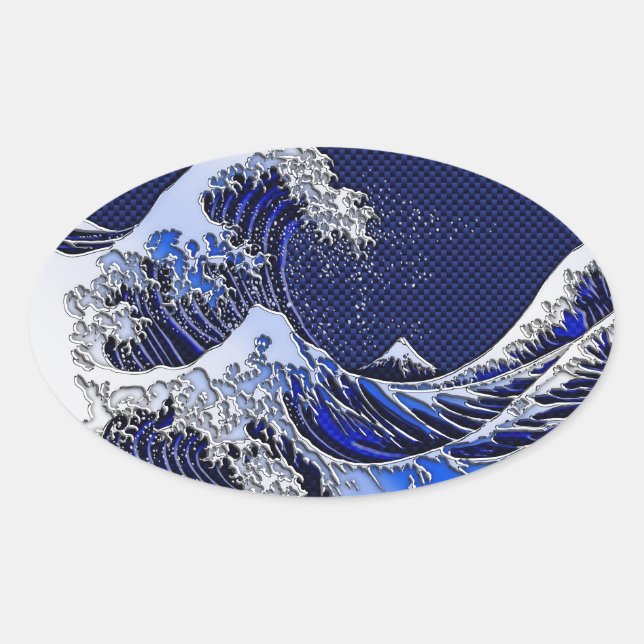 The Great Hokusai Wave chrome carbon fiber styles Oval Sticker (Front)