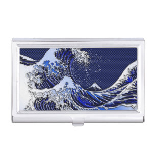 The Great Hokusai Wave Chrome Carbon Looks Business Card Holder