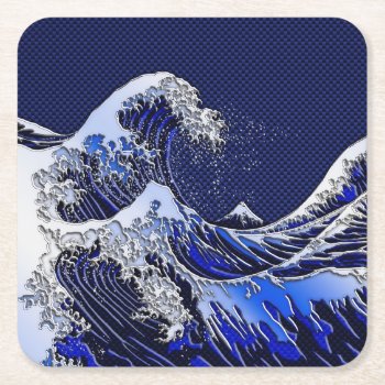 The Great Hokusai Wave Chrome Carbon Looks Square Paper Coaster by CaptainShoppe at Zazzle