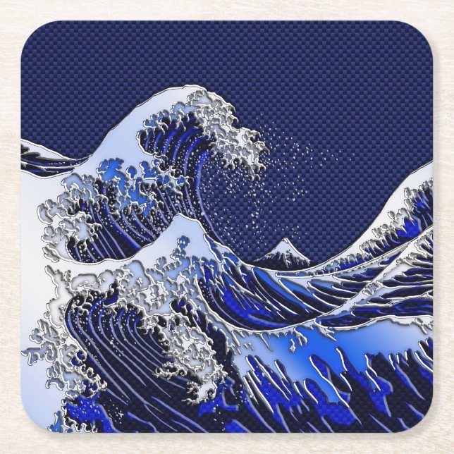 The Great Hokusai Wave Chrome Carbon Looks Square Paper Coaster (Front)
