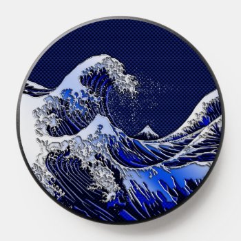 The Great Hokusai Wave Chrome Carbon Style Popsocket by CaptainShoppe at Zazzle