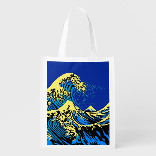 The Great Hokusai Wave in Blue Pop Art Style Reusable Grocery Bag