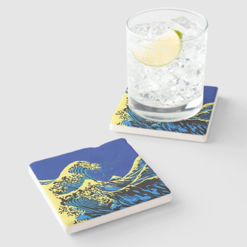 The Great Hokusai Wave in Blue Pop Art Style Stone Coaster