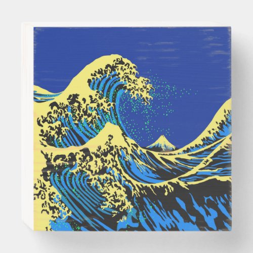 The Great Hokusai Wave in Blue Pop Art Style Wooden Box Sign