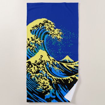 The Great Hokusai Wave In Blue Yellow Pop Style Beach Towel by CaptainShoppe at Zazzle