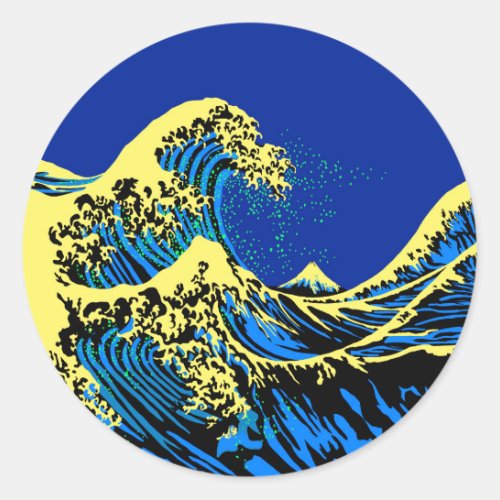 The Great Hokusai Wave in Blue Yellow Pop Style Classic Round Sticker