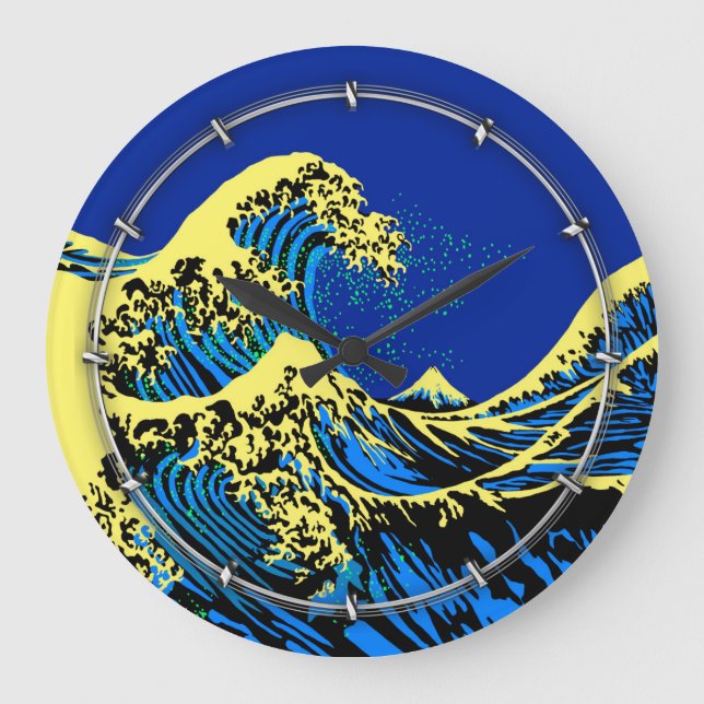 The Great Hokusai Wave in Blue Yellow Pop Style Large Clock (Front)