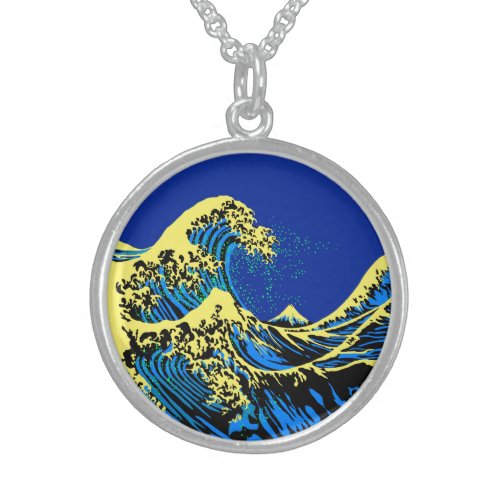 The Great Hokusai Wave in Blue Yellow Pop Style Sterling Silver Necklace