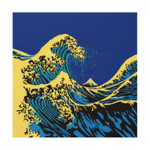 The Great Hokusai Wave in Pop Blue Wood Wall Art