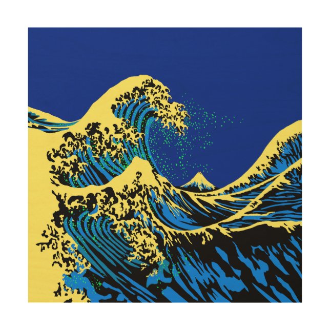 The Great Hokusai Wave in Pop Blue Wood Wall Art (Front)