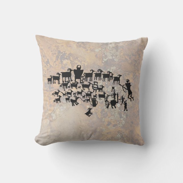 The Great Hunt Petroglyph Panel Throw Pillow (Front)