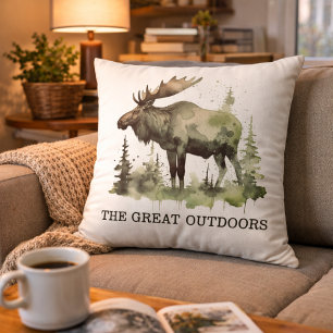 "The Great Outdoors" Customizable Watercolor Moose Outdoor Pillow