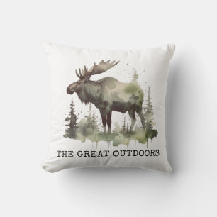 "The Great Outdoors" Customizable Watercolor Moose Outdoor Pillow