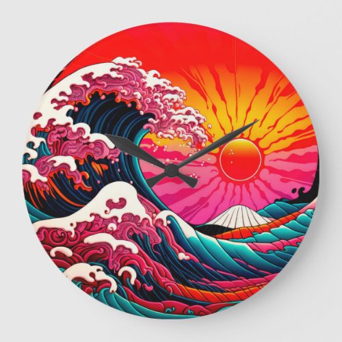The Great SynthWave of Kanagawa Retro 80s Large Clock