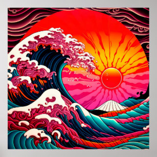 The Great SynthWave of Kanagawa Retro 80s Poster