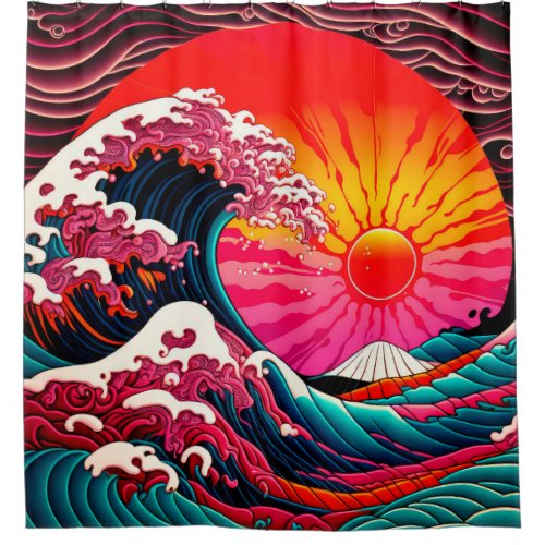 The Great SynthWave of Kanagawa Retro 80s Shower Curtain