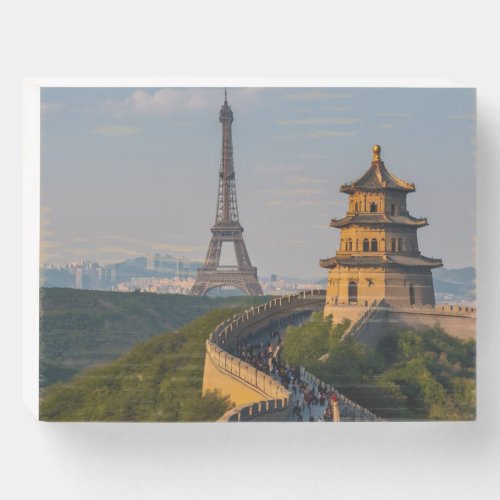 The Great Wall of China with the Eiffel Tower Wooden Box Sign