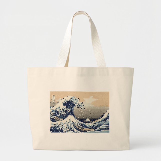 The Great Wave off Kanagawa 8 Bit Pixel Art Large Tote Bag (Front)