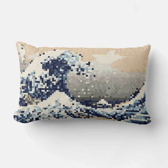 The Great Wave off Kanagawa 8 Bit Pixel Art Lumbar Pillow (Front)