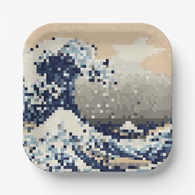 The Great Wave off Kanagawa 8 Bit Pixel Art Paper Plates (Front)