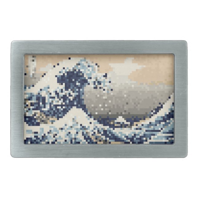 The Great Wave off Kanagawa 8 Bit Pixel Art Rectangular Belt Buckle (Front)