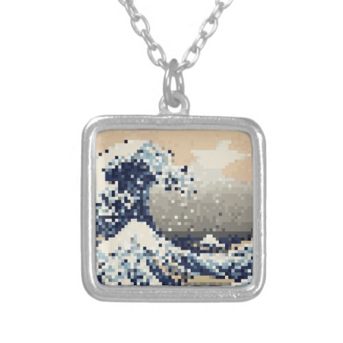 The Great Wave off Kanagawa 8 Bit Pixel Art Silver Plated Necklace