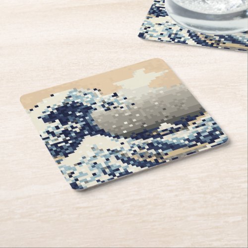 The Great Wave off Kanagawa 8 Bit Pixel Art Square Paper Coaster