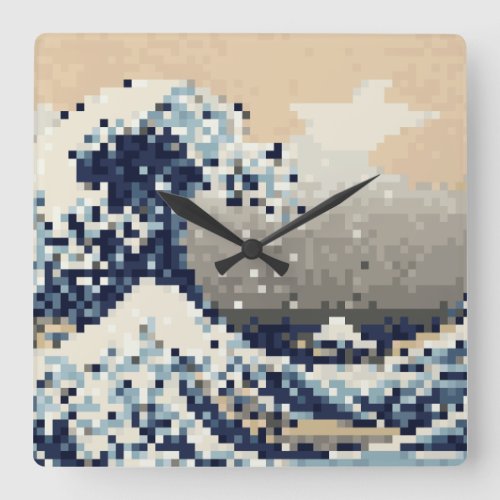 The Great Wave off Kanagawa 8 Bit Pixel Art Square Wall Clock
