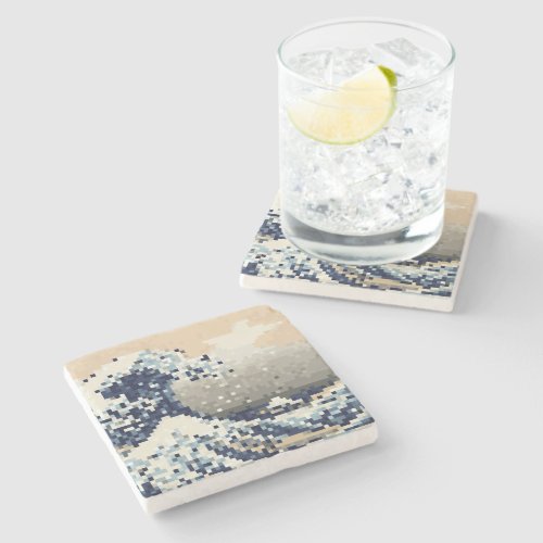 The Great Wave off Kanagawa 8 Bit Pixel Art Stone Coaster