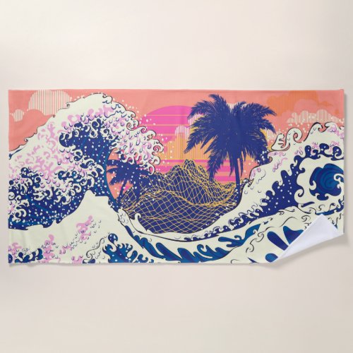 The great wave off kanagawa and palm trees beach towel