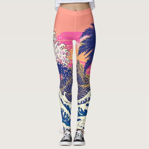 The great wave off kanagawa and palm trees leggings