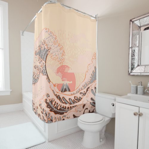 The great wave off kanagawa at sunrise shower curtain