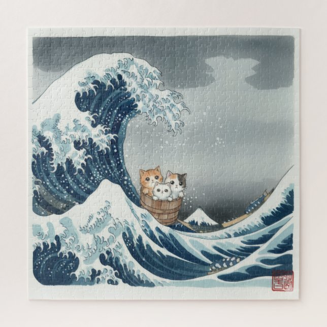 The Great Wave off Kanagawa with Cute Kittens Jigsaw Puzzle (Vertical)