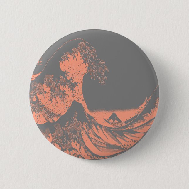 The Great Wave Peach & Gray Pinback Button (Front)