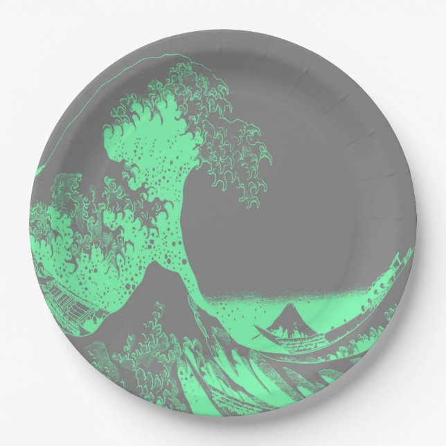 The Great Wave Seafoam Green & Gray Paper Plates (Front)