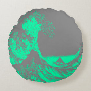 The Great Wave Seafoam Green & Gray Round Pillow