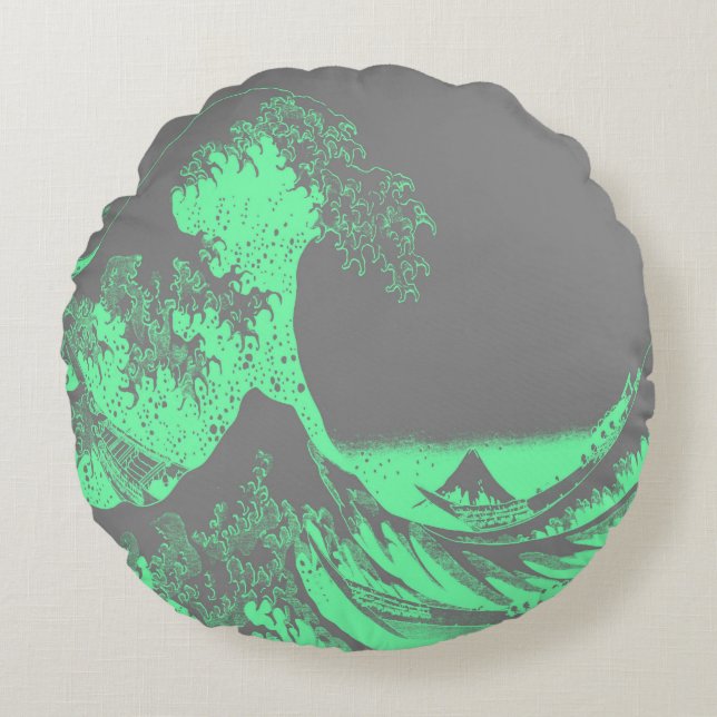 The Great Wave Seafoam Green & Gray Round Pillow (Front)