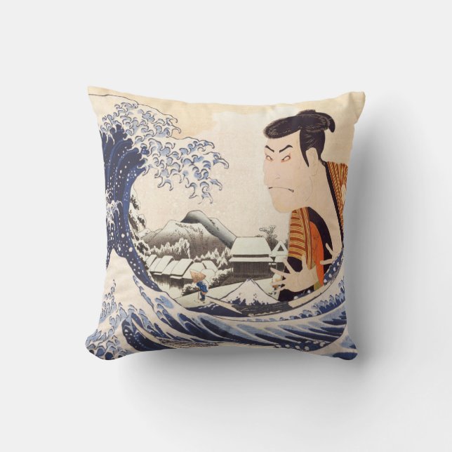 The Great Wave Ukiyoe Collages Throw Pillow (Front)