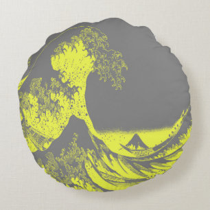The Great Wave Yellow & Gray Round Pillow