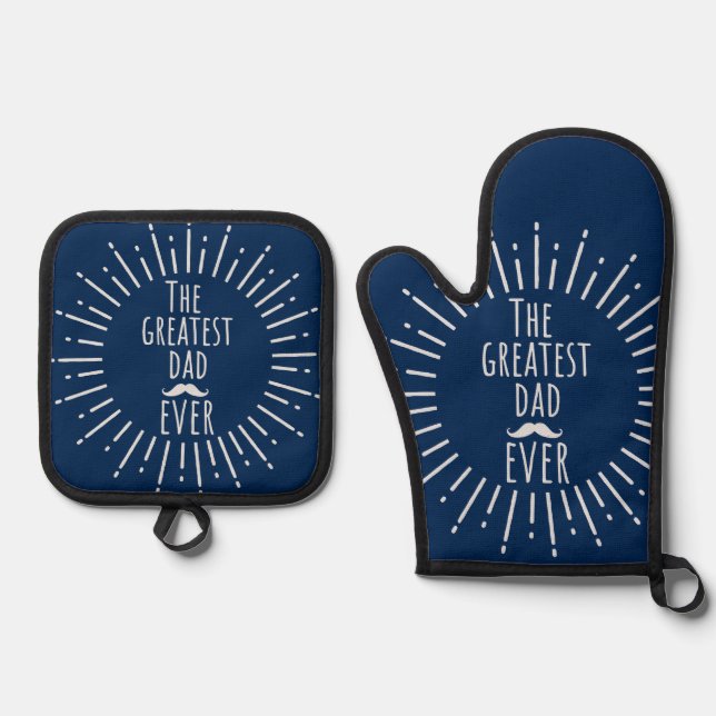 The Greatest Dad Ever With Mustache Blue Oven Mitt & Pot Holder Set (Front)