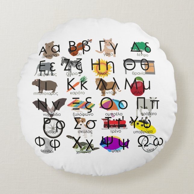 The Greek Alphabet Letters Words & Pictures Round Pillow (Front)
