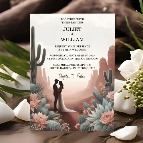 The Green Boho Leaf Desert Cacti Succulent Wedding Invitation