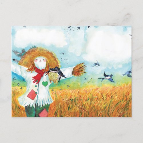 The Green Heart Scarecrow  Swallows Illustration Postcard