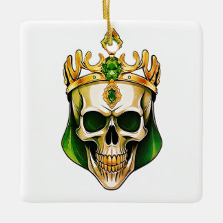 The Green King Skull with a Jeweled Crown Ceramic Ornament