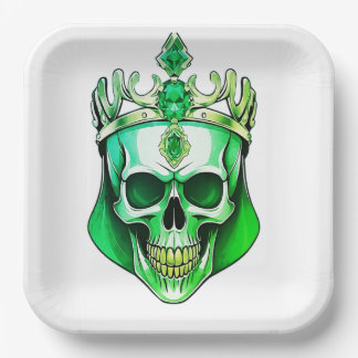 The Green King Skull with a Jeweled Crown Paper Plates