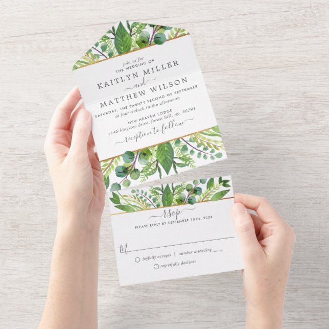 The Greenery & Gold Wedding Collection All In One Invitation (Tearaway)
